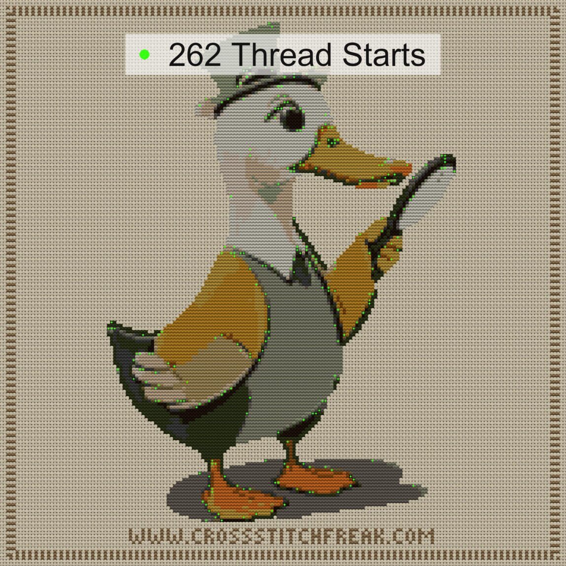 detective-duck-detectiv cross stitch start point map with highlighted thread start positions in the full design
