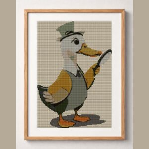 detective-duck-detectiv framed cross stitch mockup, realistic finished embroidery design, PDF pattern digital download