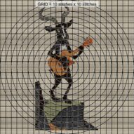 guitar-goat close-up cross stitch detail showing color changes, confetti areas and stitch texture