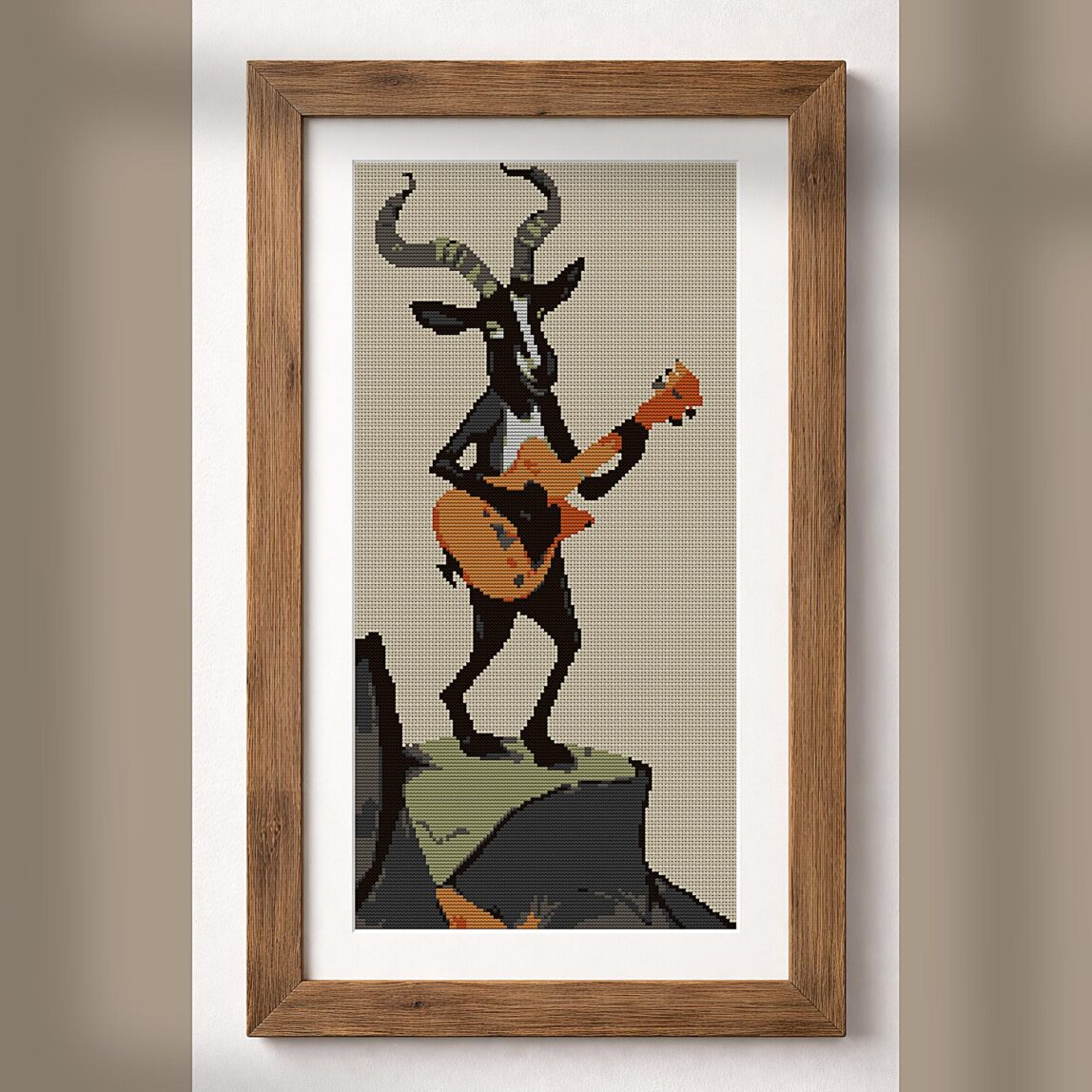 guitar-goat alternative framed mockup guitar-goat alternative framed cross stitch mockup, realistic finished embroidery presentation