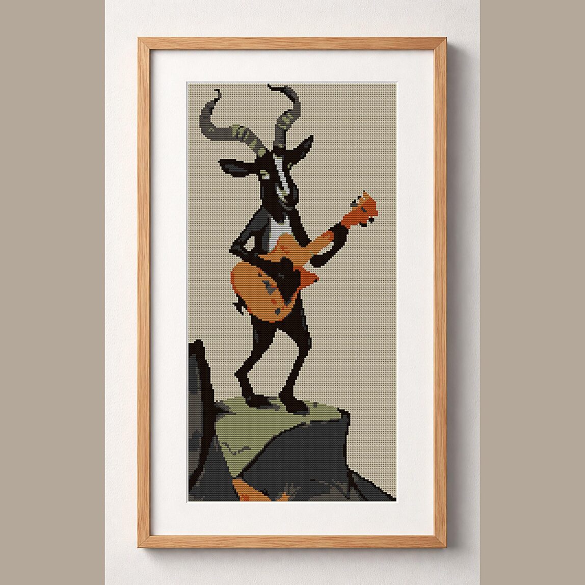 guitar-goat framed cross stitch mockup guitar-goat framed cross stitch mockup, realistic finished embroidery design, PDF pattern digital download