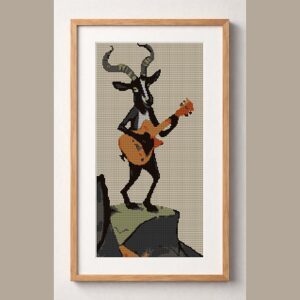 guitar-goat framed cross stitch mockup, realistic finished embroidery design, PDF pattern digital download