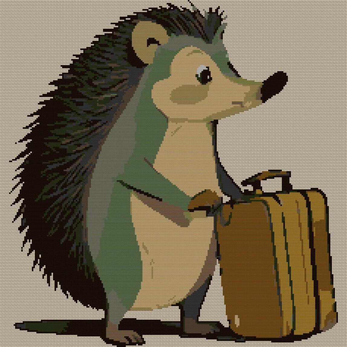 hedgehog-on-journey full cross stitch design mockup without frame, realistic embroidery preview