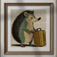 hedgehog-on-journey alternative framed cross stitch mockup, realistic finished embroidery presentation