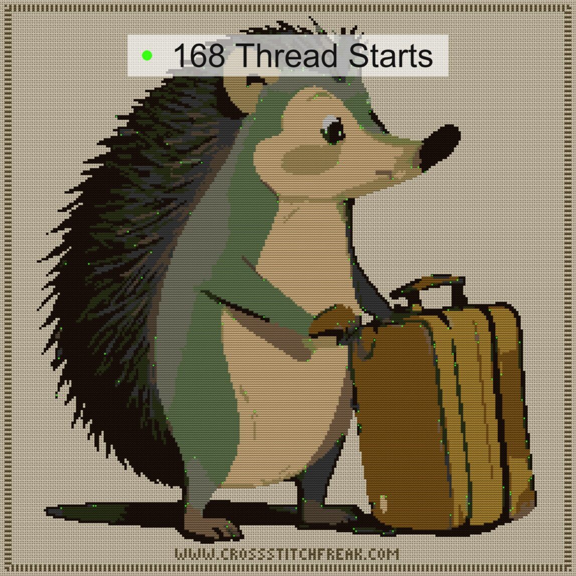 hedgehog-on-journey cross stitch start point map with highlighted thread start positions in the full design