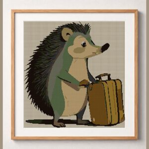 hedgehog-on-journey framed cross stitch mockup, realistic finished embroidery design, PDF pattern digital download