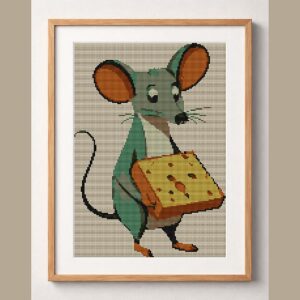 mouse_food framed cross stitch mockup, realistic finished embroidery design, PDF pattern digital download