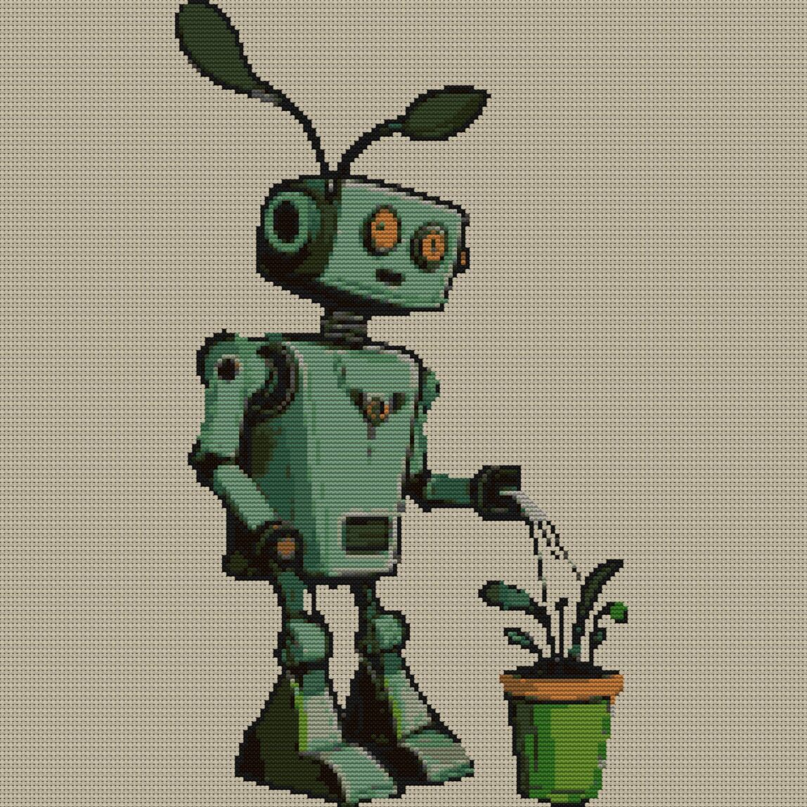 android-gardener full cross stitch design mockup without frame, realistic embroidery preview