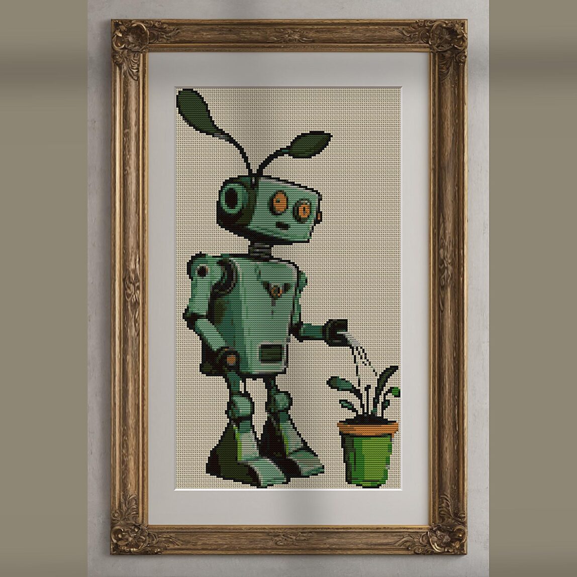 android-gardener alternative framed cross stitch mockup, realistic finished embroidery presentation
