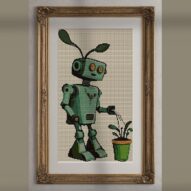 android-gardener alternative framed cross stitch mockup, realistic finished embroidery presentation