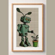 android-gardener framed cross stitch mockup, realistic finished embroidery design, PDF pattern digital download