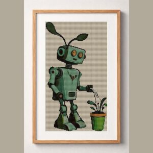 android-gardener framed cross stitch mockup, realistic finished embroidery design, PDF pattern digital download