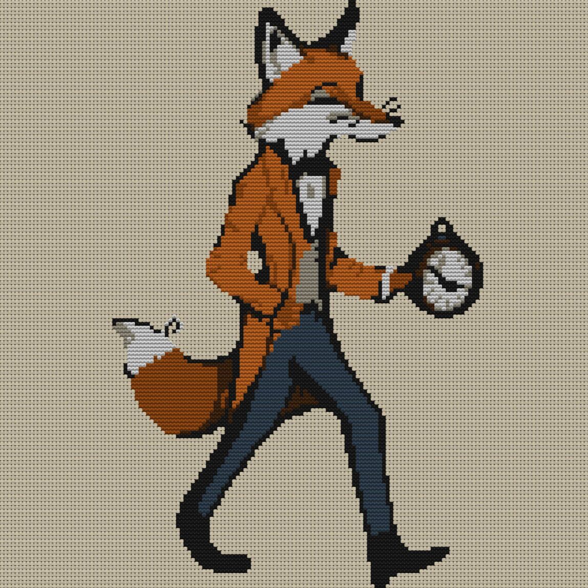 aristocratic-fox full cross stitch design mockup without frame, realistic embroidery preview