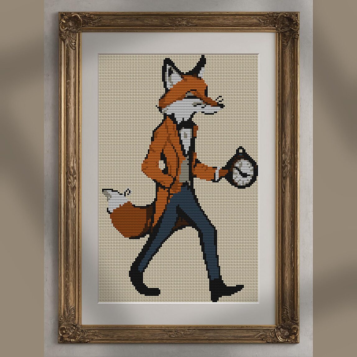 aristocratic-fox alternative framed cross stitch mockup, realistic finished embroidery presentation