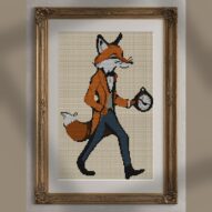 aristocratic-fox alternative framed cross stitch mockup, realistic finished embroidery presentation