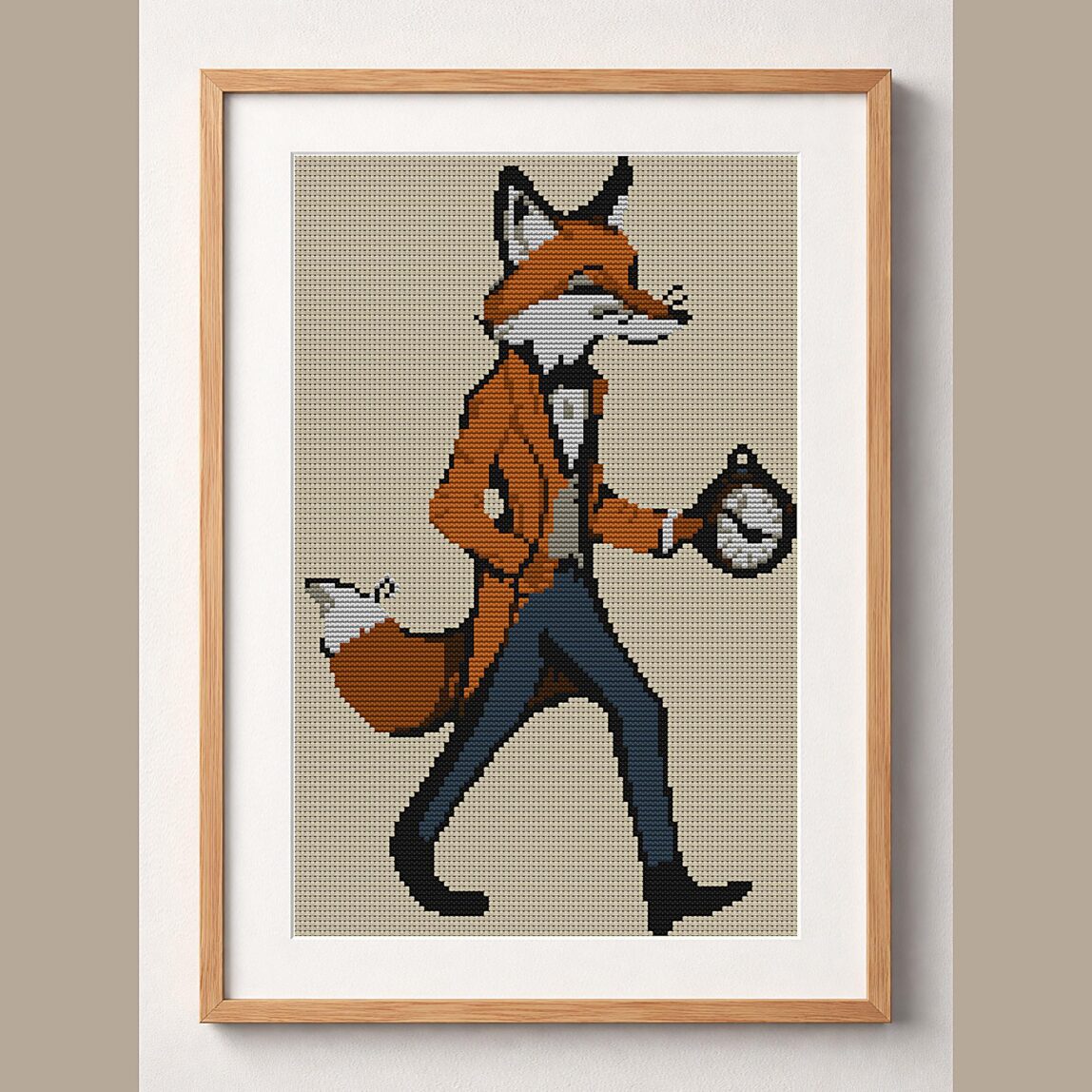 aristocratic-fox framed cross stitch mockup, realistic finished embroidery design, PDF pattern digital download