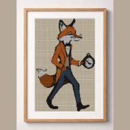 aristocratic-fox framed cross stitch mockup, realistic finished embroidery design, PDF pattern digital download