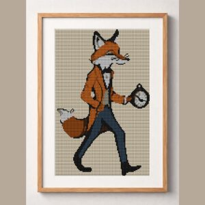aristocratic-fox framed cross stitch mockup, realistic finished embroidery design, PDF pattern digital download