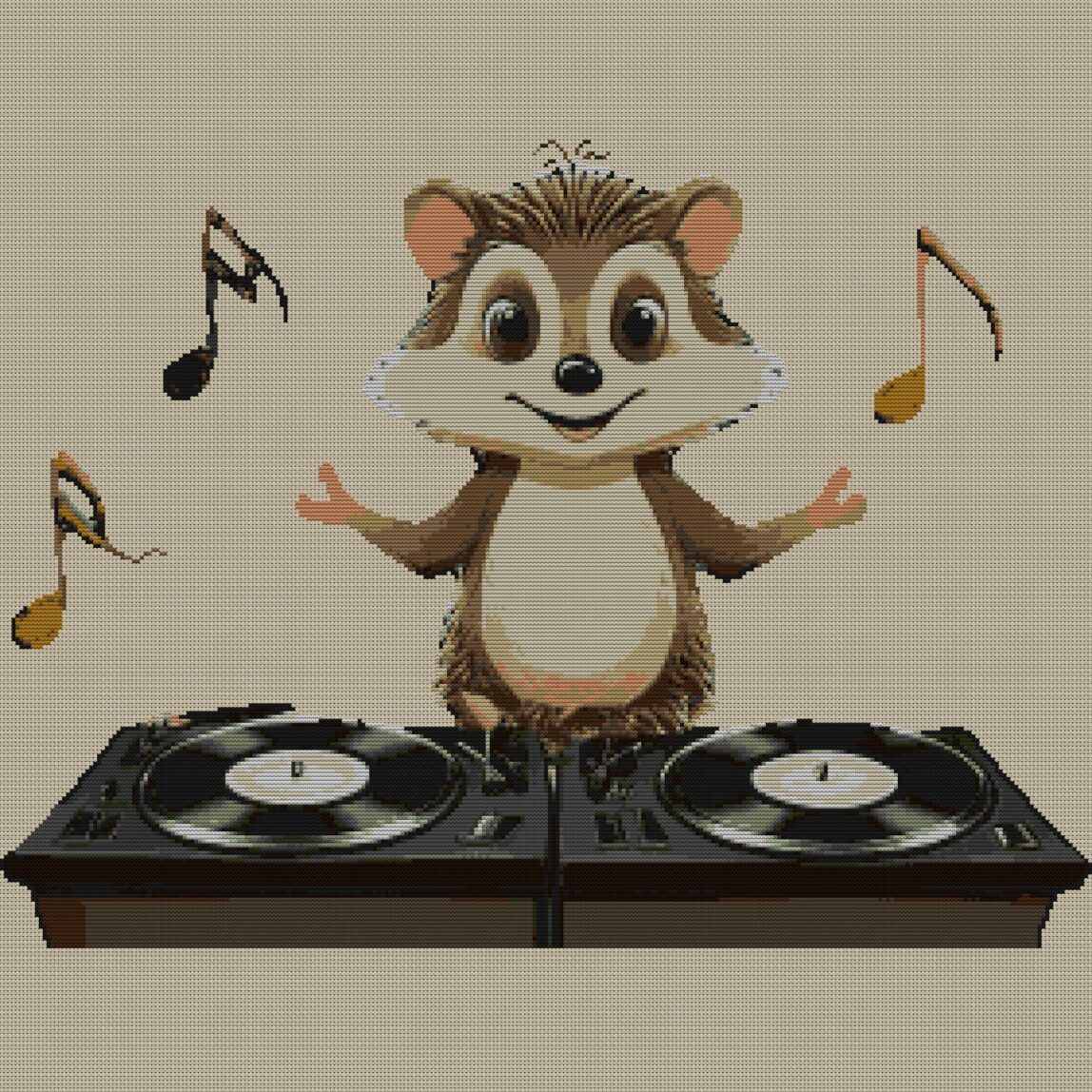 beat-squirrel-dj full cross stitch design mockup without frame, realistic embroidery preview