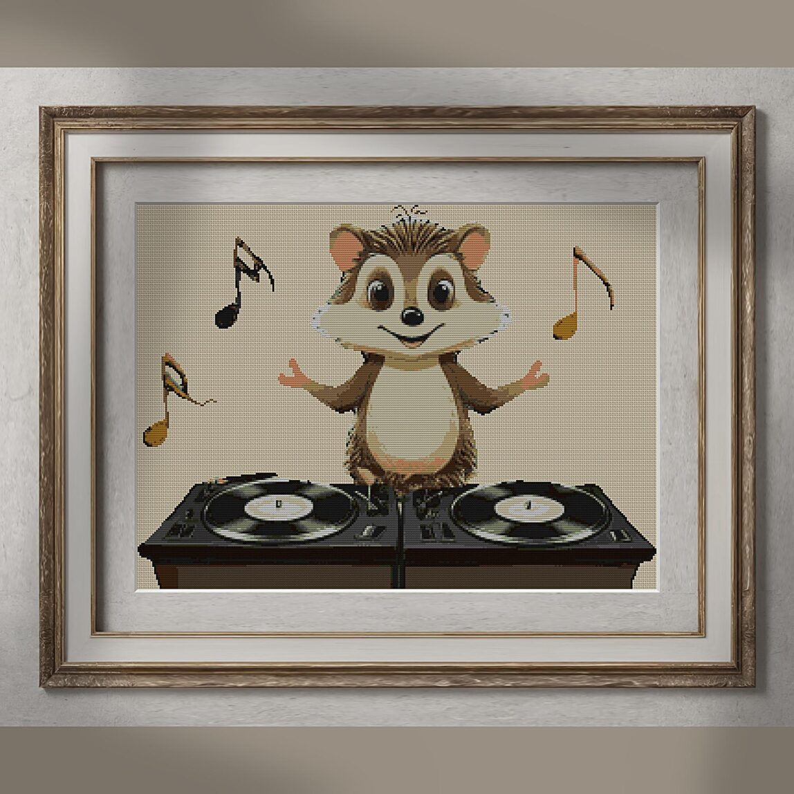 beat-squirrel-dj alternative framed cross stitch mockup, realistic finished embroidery presentation