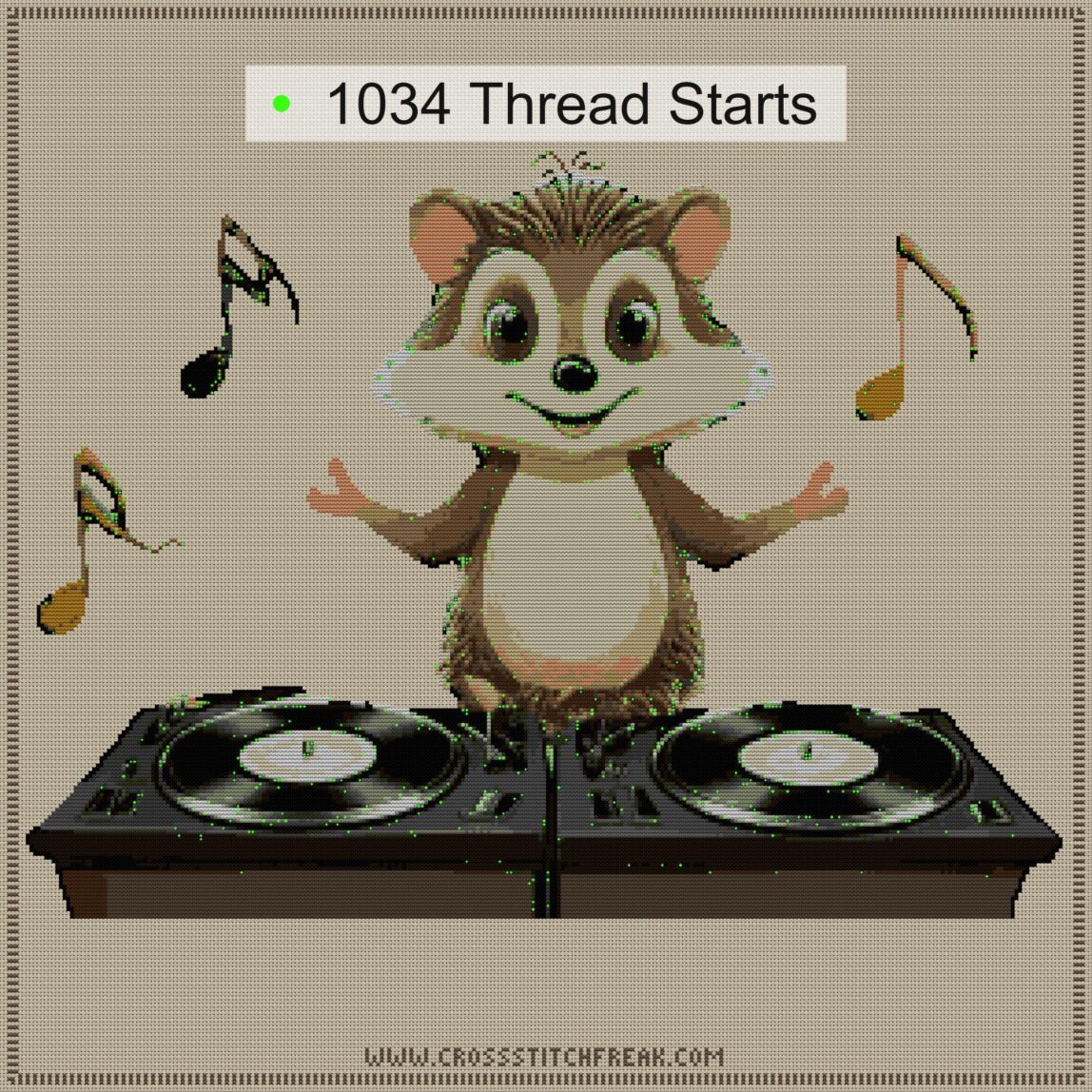 beat-squirrel-dj cross stitch start point map with highlighted thread start positions in the full design
