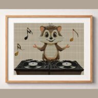 beat-squirrel-dj framed cross stitch mockup, realistic finished embroidery design, PDF pattern digital download