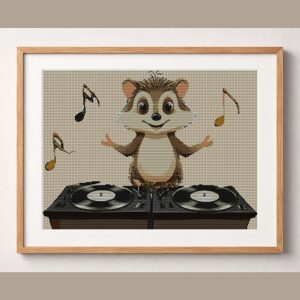 beat-squirrel-dj framed cross stitch mockup, realistic finished embroidery design, PDF pattern digital download
