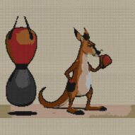 boxing-kangaroo full cross stitch design mockup without frame, realistic embroidery preview