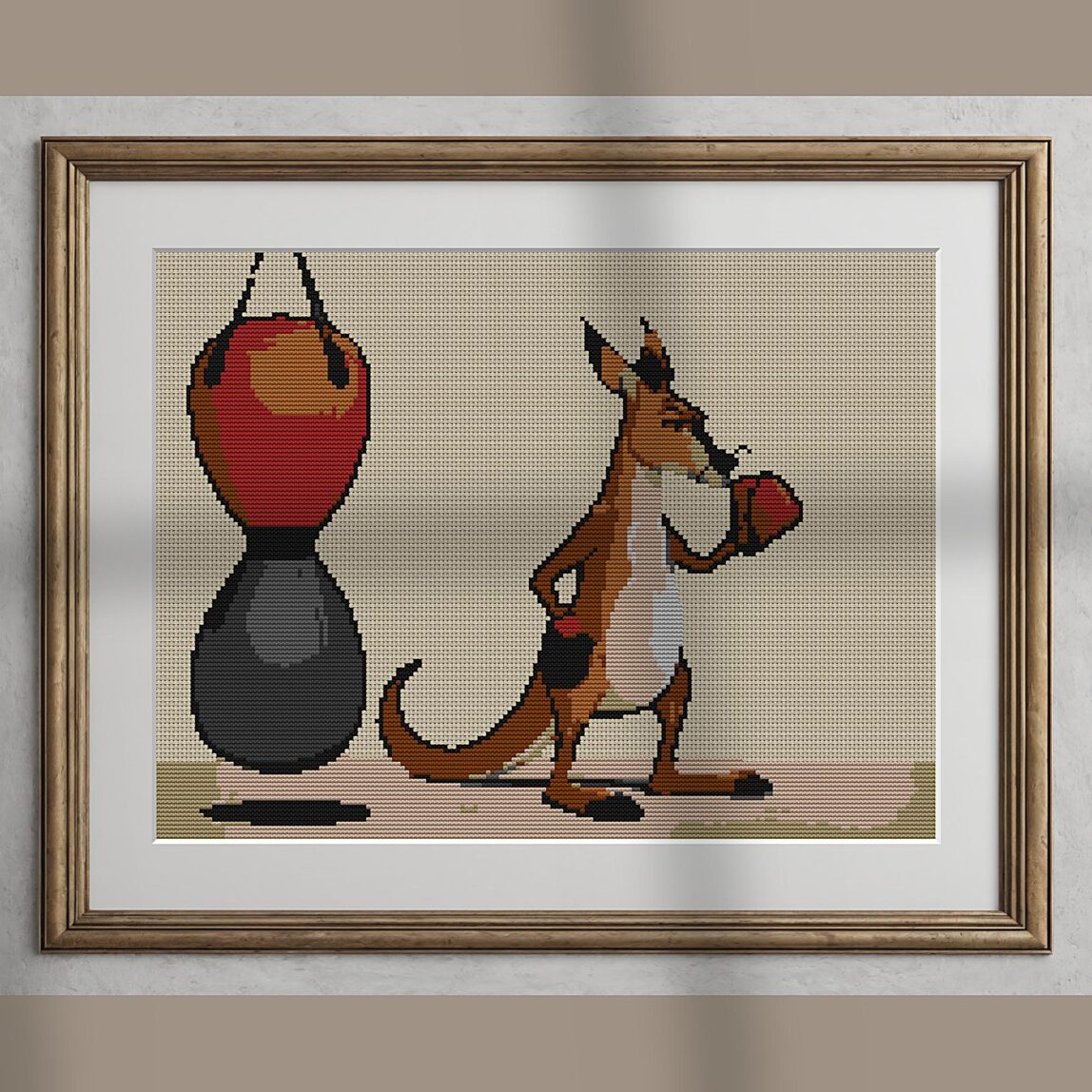 boxing-kangaroo alternative framed cross stitch mockup, realistic finished embroidery presentation