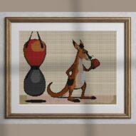 boxing-kangaroo alternative framed cross stitch mockup, realistic finished embroidery presentation