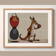 boxing-kangaroo framed cross stitch mockup, realistic finished embroidery design, PDF pattern digital download