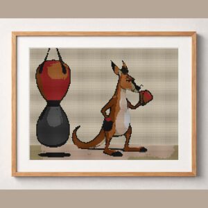 boxing-kangaroo framed cross stitch mockup, realistic finished embroidery design, PDF pattern digital download