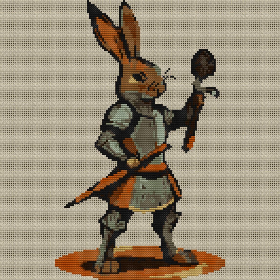 carrot-knight-bunny full cross stitch design mockup without frame, realistic embroidery preview