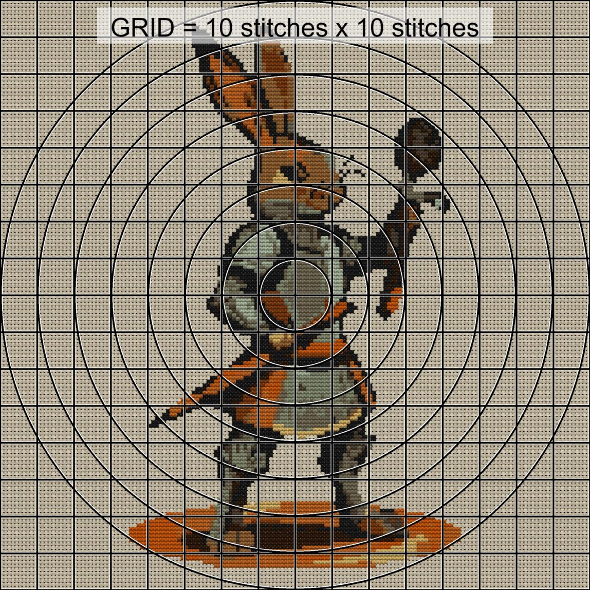 carrot-knight-bunny close-up cross stitch detail showing color changes, confetti areas and stitch texture