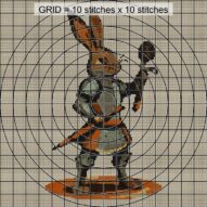 carrot-knight-bunny close-up cross stitch detail showing color changes, confetti areas and stitch texture