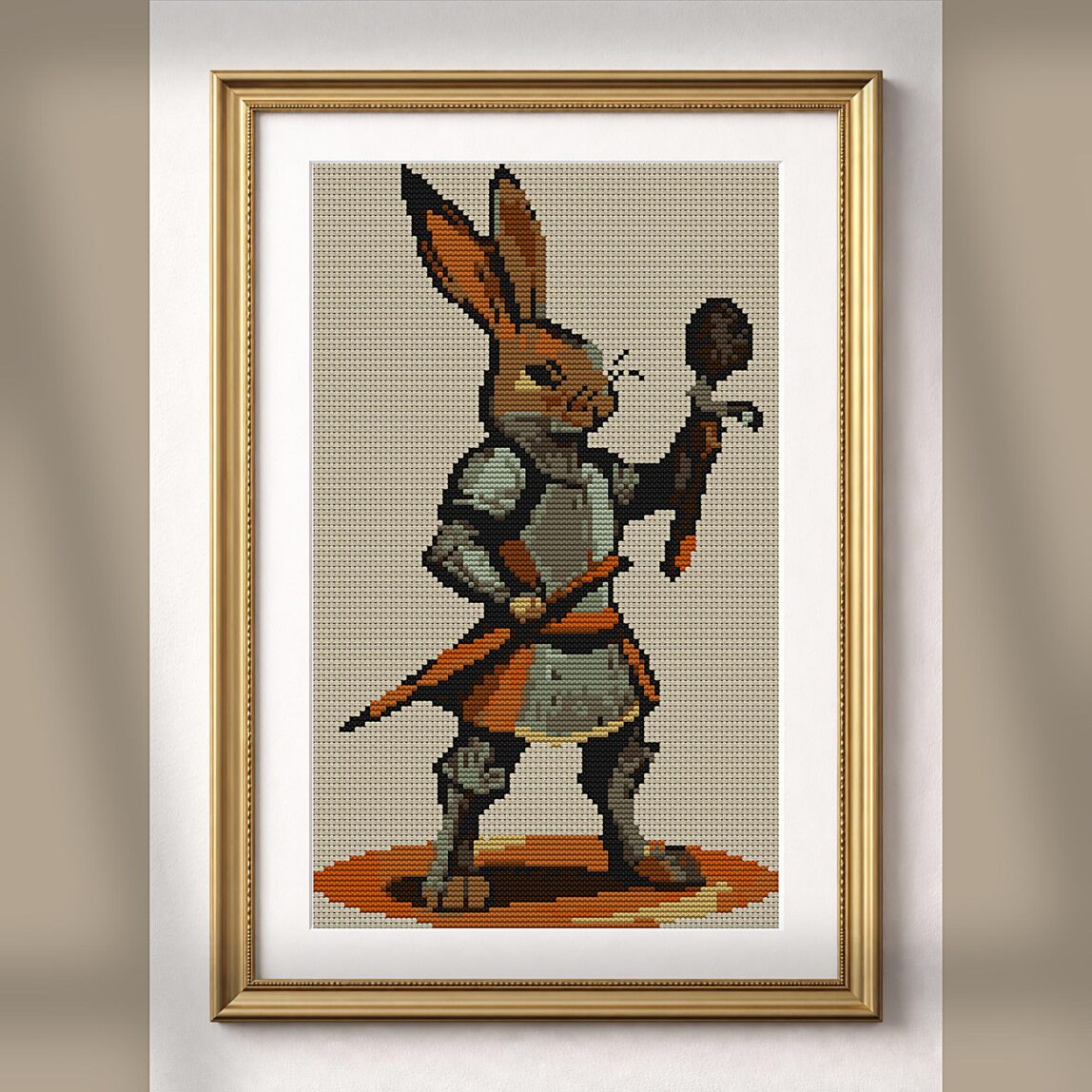 carrot-knight-bunny alternative framed cross stitch mockup, realistic finished embroidery presentation
