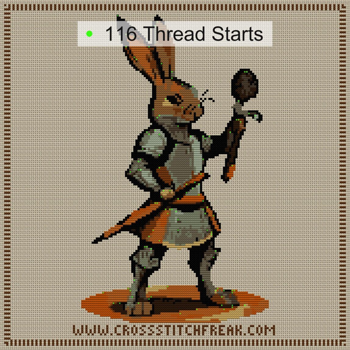 carrot-knight-bunny cross stitch start point map with highlighted thread start positions in the full design