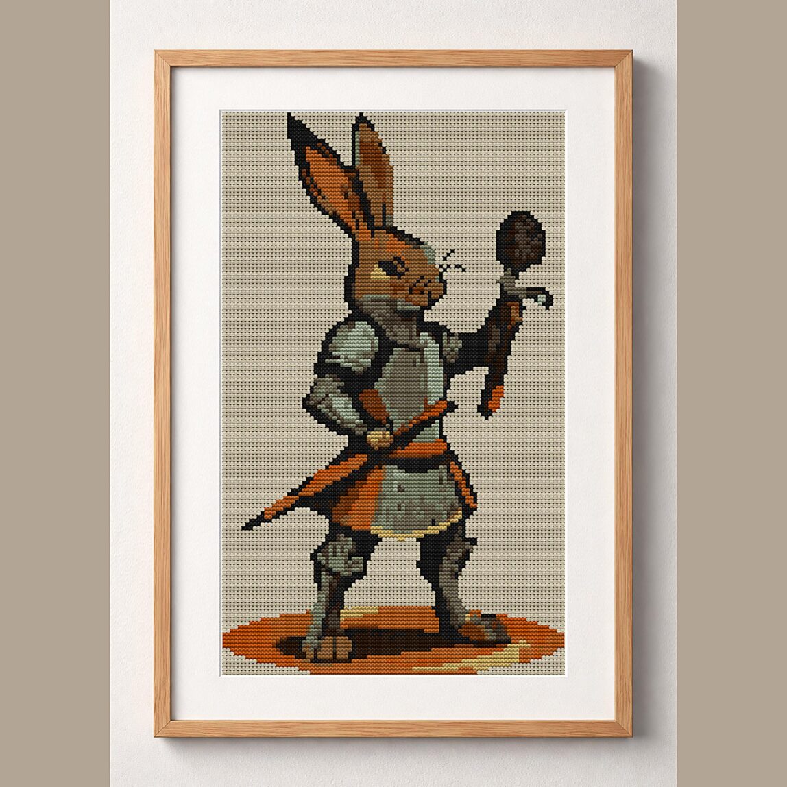 carrot-knight-bunny framed cross stitch mockup, realistic finished embroidery design, PDF pattern digital download