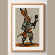 carrot-knight-bunny framed cross stitch mockup, realistic finished embroidery design, PDF pattern digital download