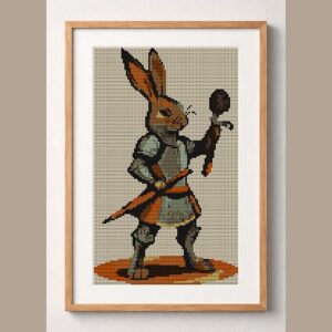 carrot-knight-bunny framed cross stitch mockup, realistic finished embroidery design, PDF pattern digital download