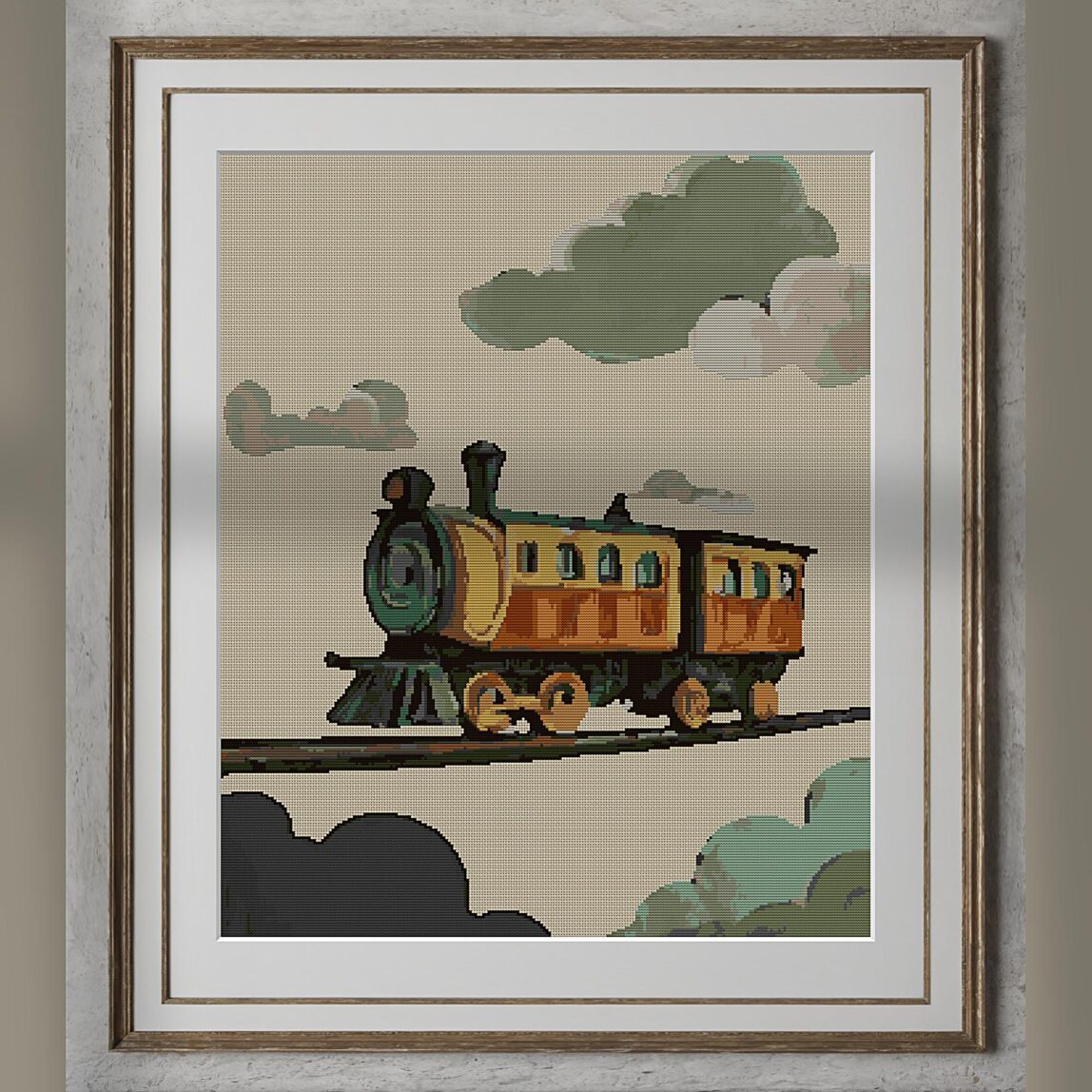 cloud-top-journey alternative framed cross stitch mockup, realistic finished embroidery presentation