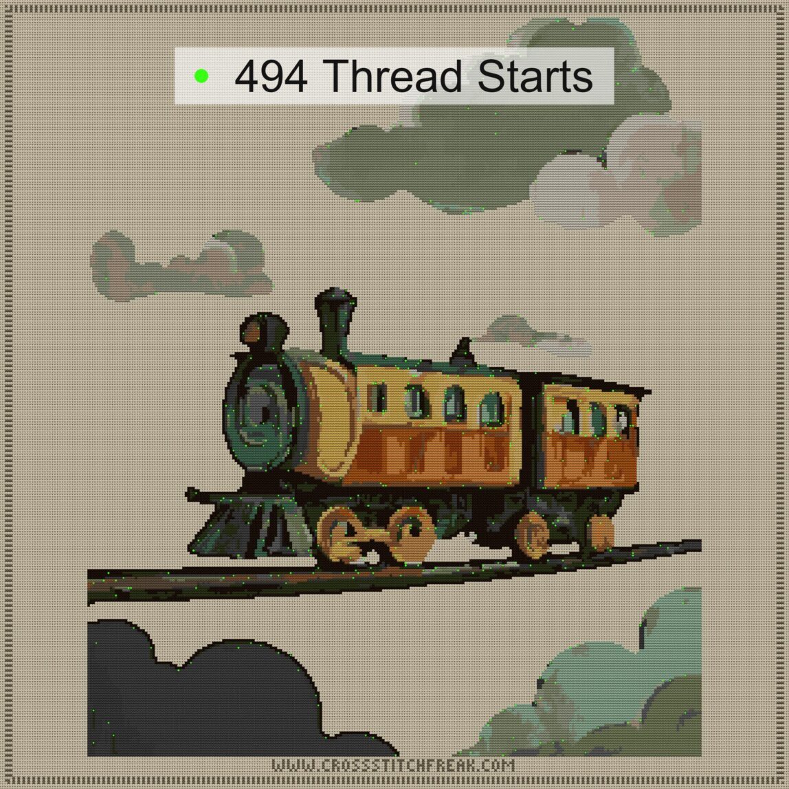 cloud-top-journey cross stitch start point map with highlighted thread start positions in the full design