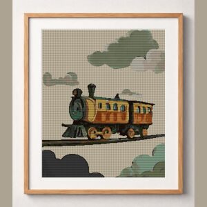 cloud-top-journey framed cross stitch mockup, realistic finished embroidery design, PDF pattern digital download
