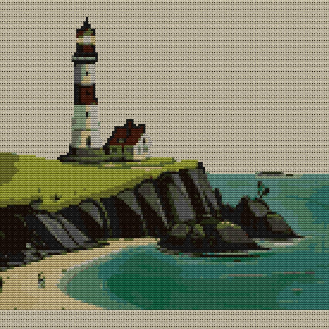 coastal-lighthouse full design mockup without frame coastal-lighthouse full cross stitch design mockup without frame, realistic embroidery preview