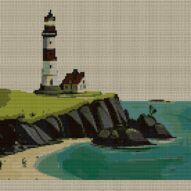 coastal-lighthouse full cross stitch design mockup without frame, realistic embroidery preview