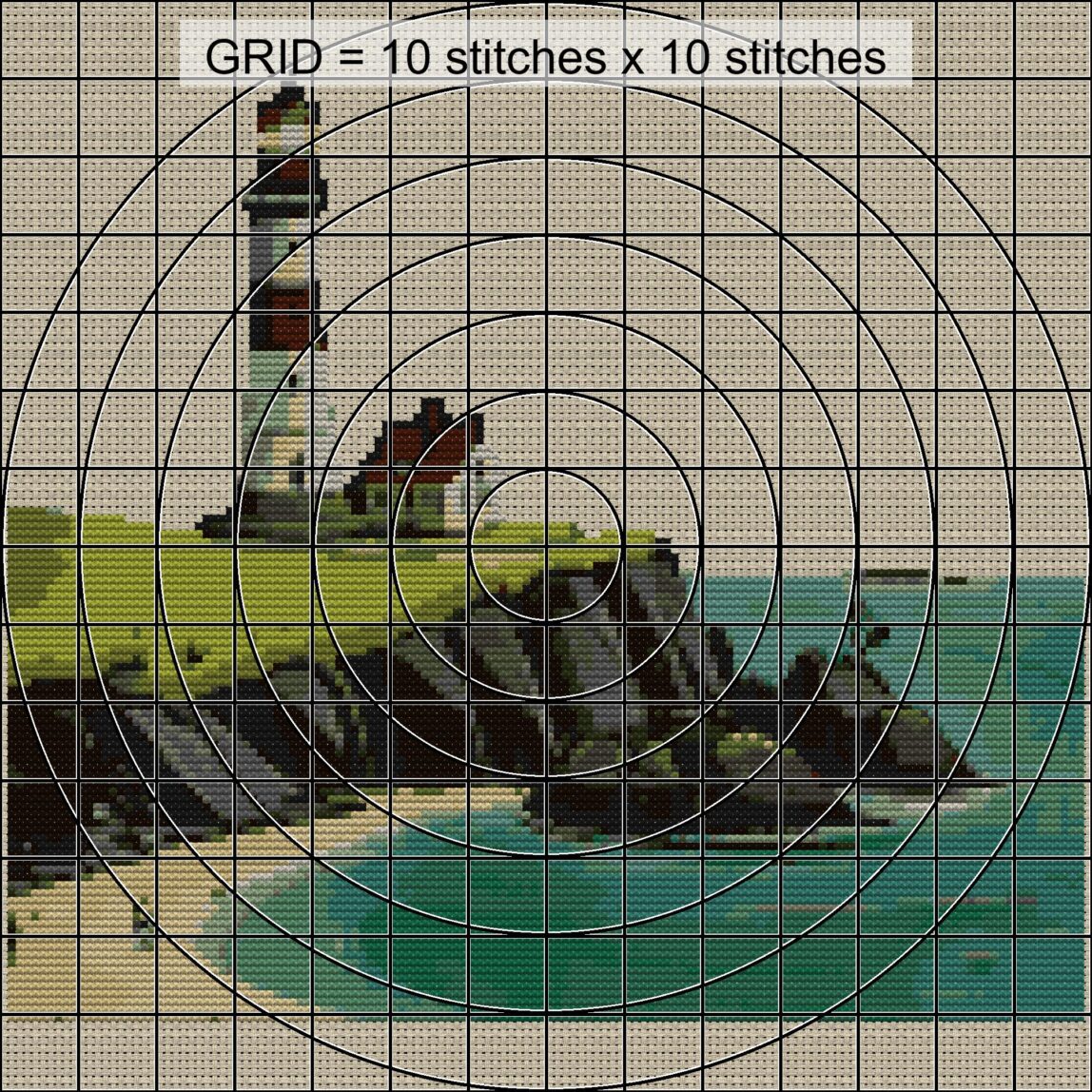 coastal-lighthouse zoomed stitching detail coastal-lighthouse close-up cross stitch detail showing color changes, confetti areas and stitch texture