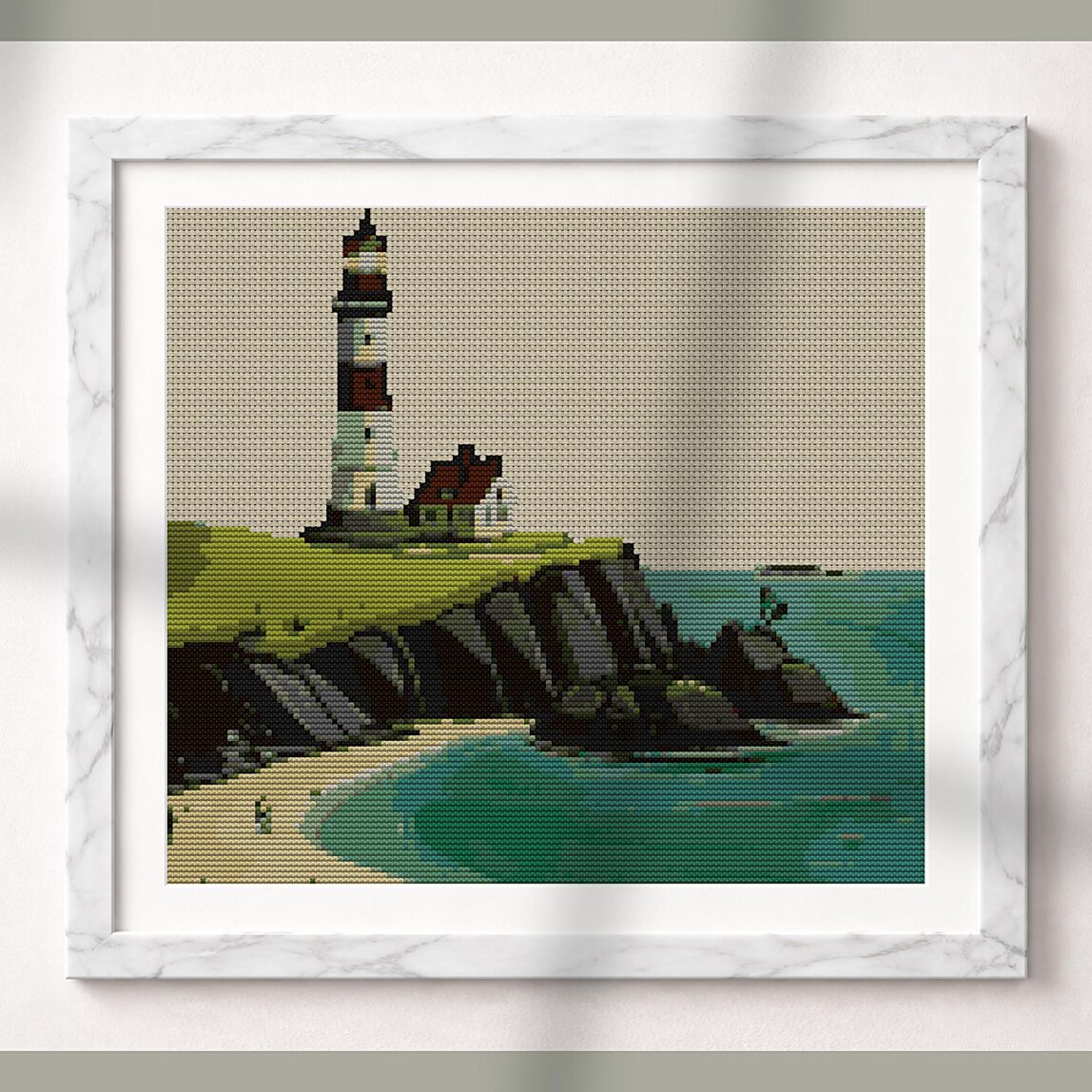 coastal-lighthouse alternative framed mockup coastal-lighthouse alternative framed cross stitch mockup, realistic finished embroidery presentation