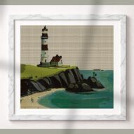 coastal-lighthouse alternative framed cross stitch mockup, realistic finished embroidery presentation