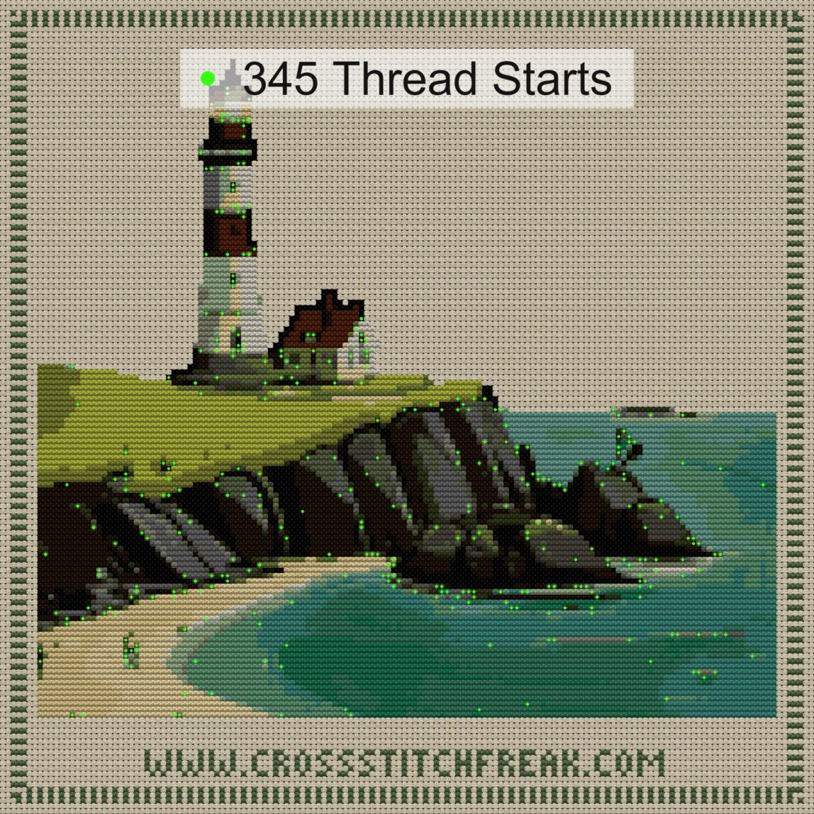 coastal-lighthouse thread start point map coastal-lighthouse cross stitch start point map with highlighted thread start positions in the full design