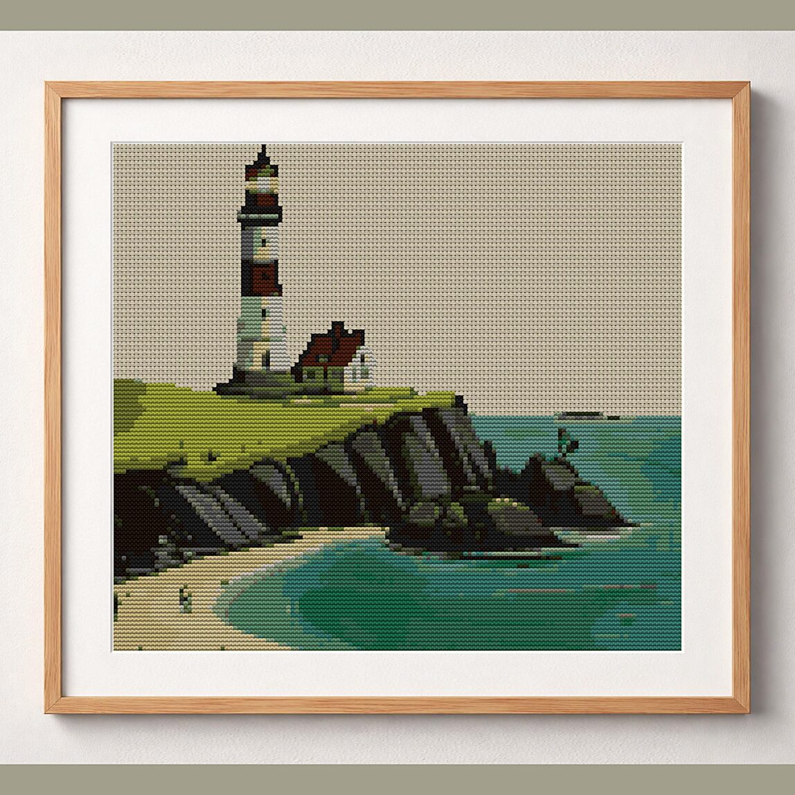 coastal-lighthouse framed cross stitch mockup coastal-lighthouse framed cross stitch mockup, realistic finished embroidery design, PDF pattern digital download